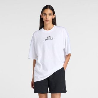 New Balance Donna Trackside Oversized T-Shirt in Bianca, Jersey di Cotone, Taglia XL