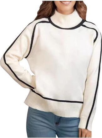 Generic 2024 Women Long Sleeve Sweater UK Turtleneck Pullover Tops Winter Fall Casual Loose Color Block Cozy Knit Jumper Tops Beige
