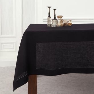 Solino Home Linen Tablecloth for Dining Table, Holiday and Everyday Dining Table Decor - Classic Hemstitch in Black at Nordstrom, Size 3X-Large