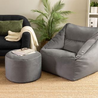 Icon Brand Natalia Velvet Adults Bean Bag Armchair & Pouffe, Large Beanbag & Footstool Dusk Pink in Charcoal