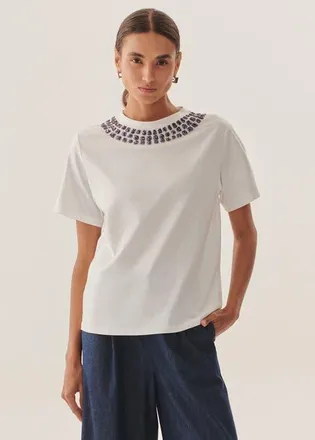 Exquise Adriana Crystal-Embellished Cotton Tee in White at Nordstrom, Size Medium