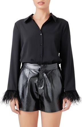 endless rose Faux Feather Trim Button-Up Blouse in Black at Nordstrom, Size Small