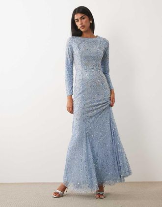 Beauut Vestito lungo a maniche lunghe azzurro decorato-Blu
