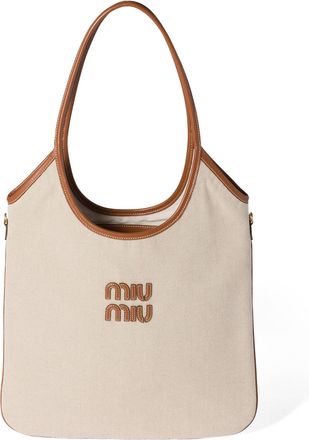 Miu Miu Ivy Canvas And Leather Bag, Woman, Beige/brandy