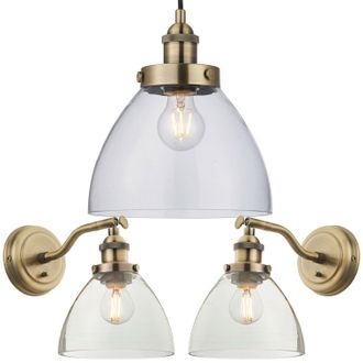 Loops Ceiling Pendant & 2x Matching Wall Light Pack Antique Brass & Clear Glass Shade