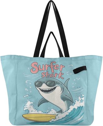 Generic Shark Sunglasses Wave Cyan pattern Reusable Canvas Tote Bag, Heavy Duty Grocery Shopping Bag with Large Capacity Hard Bottom Double Handles Work Groce