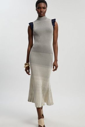 Karen Millen Womens Pointelle Frill Sleeve Knit Midi Dress - Navy polyamide - Size X-Small