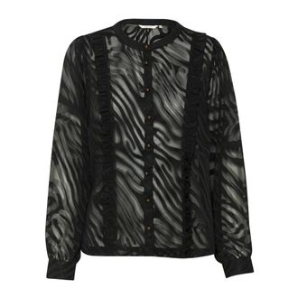 Cream Black Animal Mesh Blouse with Ruffles - female - Cream - Shirts - Black - L - Blouses & Shirts