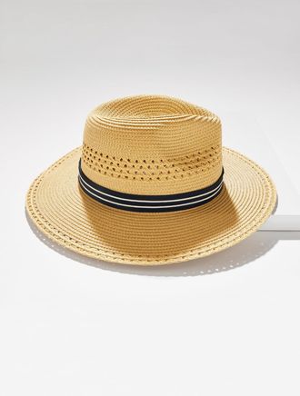 Talbots Open Weave Straw Hat - Natural/Blue - 001 Talbots