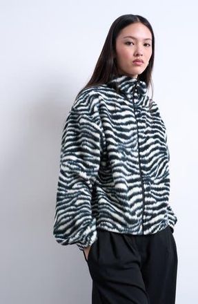Topshop Zebra Zip Through Fleece Jacket in Black Multi at Nordstrom Rack, Size Medium