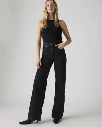 Levi's Ribcage Jeans Womens Black Denim Dark Wash Wide Leg Zip Fly KFC913