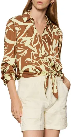 Sanctuary Lover Print Tie Hem Crop Sateen Shirt in Lemon Root Brown at Nordstrom, Size X-Large