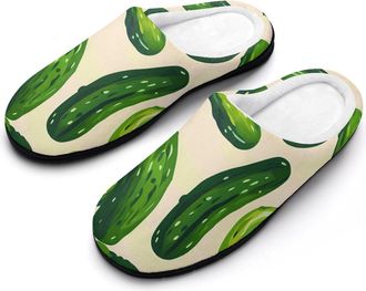Generic Cute Funny Cucumber Pickle Mens Slippers Slip On Comfortable Fleece Cotton House Shoes Winter