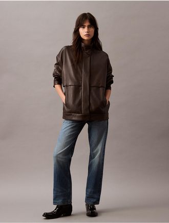 Calvin Klein Womens Leather Bomber Jacket - Grey - XS