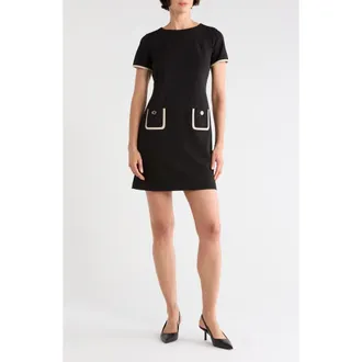 Tommy Hilfiger Short Sleeve Scuba Crepe Contrast Trim Dress in Black/Khaki at Nordstrom Rack, Size 14