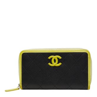 Chanel Black Yellow Leather Long Wallet (Bi-Fold) (Pre-Owned)