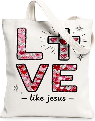 Generic ValentineS Love Canvas Tote Bags, Heart Pattern Reusable Grocery Bags, Romantic Chic Lightweight Washable Shoulder Strap C, White, 13x15 Inch