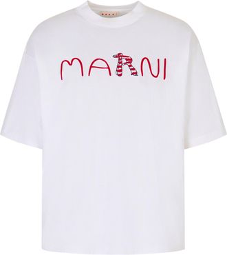 Marni Boxy Cropped White T-Shirt with Playful Graphic Design