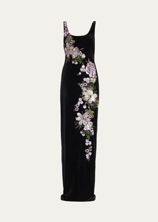 Teri Jon Sequin Floral Velvet Column Gown