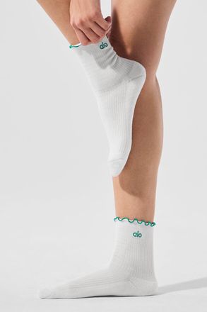 Alo | Womens Lettuce Edge Socks in White/Spruce Green, Size: S/M (5-7.5)