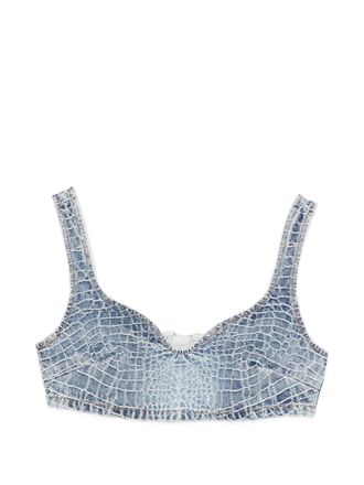 Self Portrait Rhinestone Croc Effect Denim Bralette