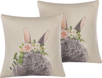 Beliani Beliani - Conjunto De 2 Cojines Decorativos Cuadrados De Algod&oacute;n Gris Pardo Con Estampado 45 X 45 Cm Conejo De Pascua Fatsia