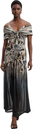 Karen Millen Marble Print Mesh Plunge Maxi Dress in Mono at Nordstrom, Size X-Small