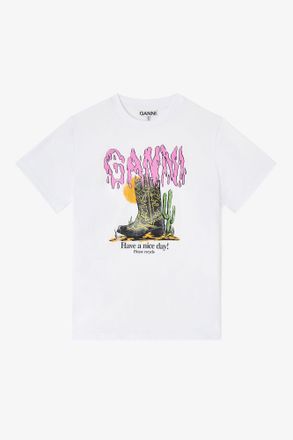 Ganni White Western Boot Print T-shirt - Size XXS Organic Cotton