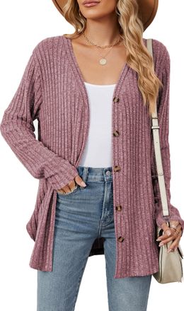 Feoya Women Long Sleeve Knitted Cardigans Womens Casual Outerwear Open Front Cardigan Soft Oversized Knitwear Lightweight Draped Sweater with Buttons Fuchsi