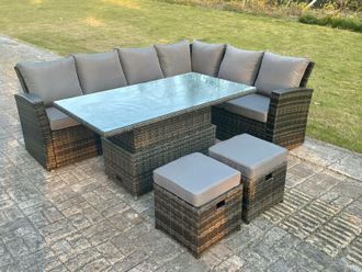 Fimous High Back Rattan Corner Sofa Sets Adjustable Rising Table 8 Seater in Dark Grey