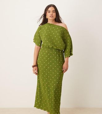 Never Fully Dressed Plus Tilly - Vestito pliss&eacute; color oliva con spalle scoperte e gonna al polpaccio-Verde