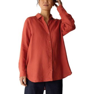 Eileen Fisher Classic Collar Organic Linen Long Button-Up Shirt in Blood Orange at Nordstrom, Size Xx-Small