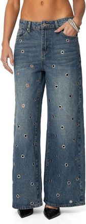 Edikted Jainie Grommet Low Rise Jeans in Blue-Washed at Nordstrom, Size X-Large