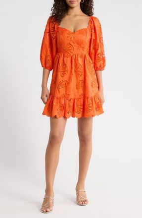 Sugarlips Sequin Detail Cotton Eyelet Babydoll Dress in Orange at Nordstrom, Size X-Large