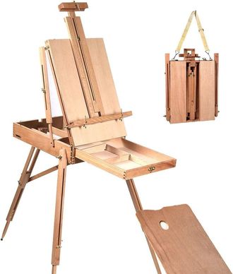 Costway Costway - Caballete Madera Con Estante Caj&oacute;n/caballete De Artista Plegable Y Port&aacute;til, Madera De Haya/caballete De Suelo Para Lienzos Ajustable De Alt