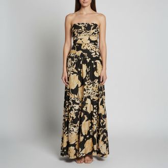 Shona Joy Black Floral Print Linen Blend Strapless Weyes Maxi Dress