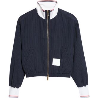 Thom Browne Wool Seersucker Track Jacket in Navy at Nordstrom, Size 10 Us