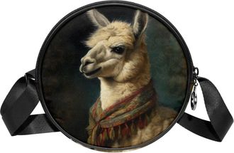 Generic Circle Crossbody Bag for Women, Vintage Alpaca Pattern Small Sling Bag Daypack with Zipper Adjustable Shoulder Straps Casual Ladies Girls Round Purse