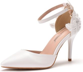 Generic Womens Pumps Ankle Strap Heels Wedding Shoes Pointed Toe High Heels Bride Prom Party Dress Shoes Sandals 7Cm,White,5 UK