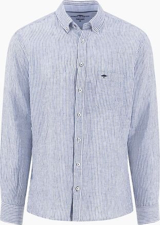 Fynch-Hatton Mens FYNCH-HATTON LONG SLEEVED LINEN SHIRT HARBOUR BLUE STRIPE - Size: 38