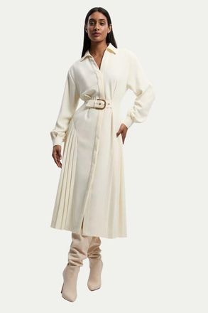 Karen Millen Tailored Crepe Belted Pleated Midi Dress in Ivory at Nordstrom, Size 10