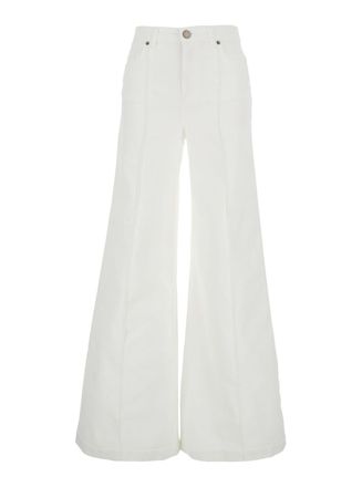 Twin-Set White Pants With Wide Leg And Logo Patch On The Rear In Cotton Woman