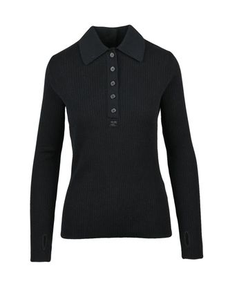 Courr&egrave;ges Black Knit Polo Shirt with Ribbed Texture and Fitted Silhouette
