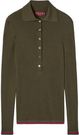 Gucci Cashmere en zijden polotop met webmotief - Dames - Cashmere truien - Groen - M - Truien & Vesten