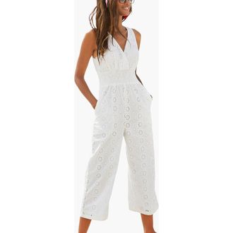 Lascana Womens Sleeveless Eyelet Jumpsuit in White at Nordstrom, Size 14