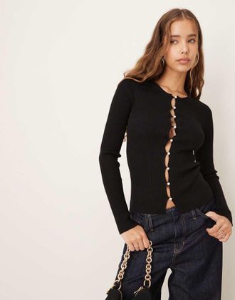 Gina Tricot Gina Tricot - Top nero in maglia a coste con maniche lunghe e bottoni