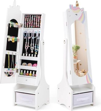 Costway Costway - Armadietto Portagioie per Bambini 31,5 x 30 x 115cm, Specchio a Figura Intera a Forma di Unicorno con Ganci, Ripiani e Cassetti, Specchiera