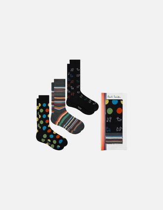 Paul Smith Mens Paul Smith 3-Pack Spots & Stripes Socks, Black/Multi Coloured - Black/Black/Black