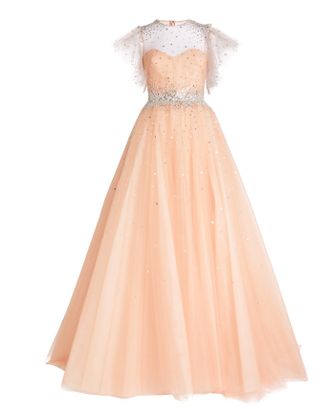 Monique Lhuillier Embroidered Flutter Sleeve Gown Size S