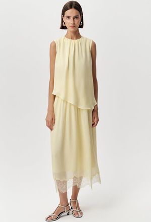 Exquise Alix Crew Neck Lace Hem Midi Dress in Yellow at Nordstrom, Size X-Small